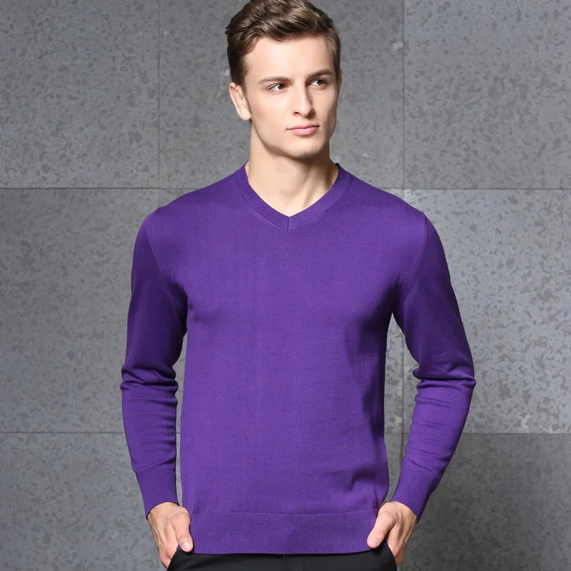 Модный брендовый свитер, мужские пуловеры, Облегающие джемперы, вязаные, v-образный вырез, одноцветные, Осенние, корейский стиль, повседневная мужская одежда - Цвет: Фиолетовый