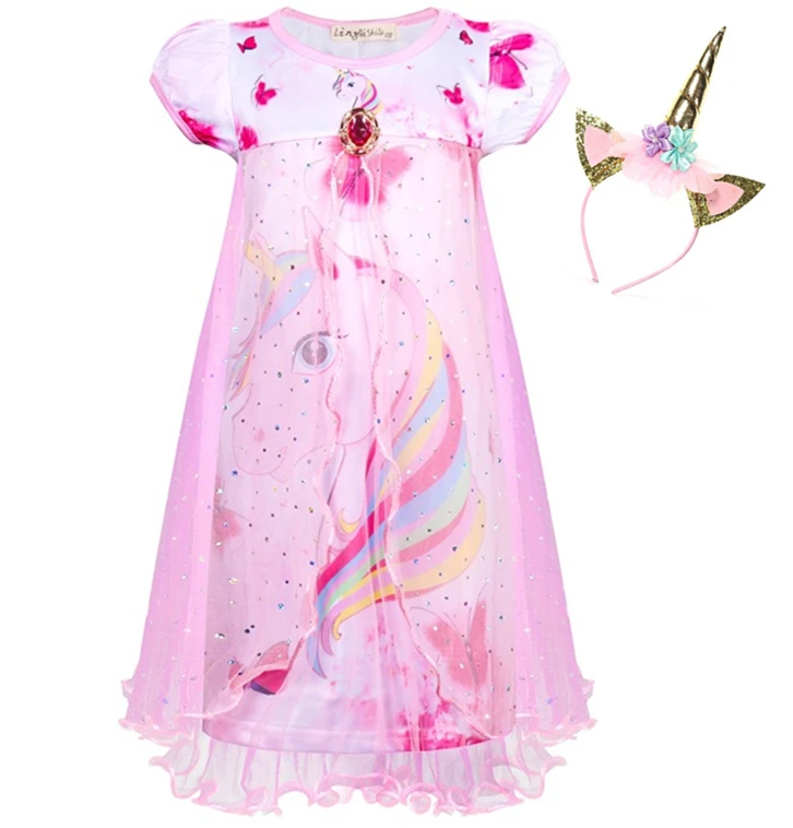 

2019 new girls unicorn summer print mesh short-sleeved dress Europe and America cartoon cute performance performance clothing
