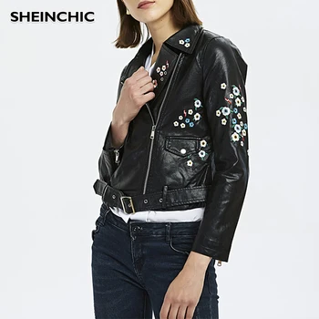 

Autumn 2019 New Fashion Women Clothing Pu Leather Jacket Outerwear Embroidery Long Sleeve Zippers Motor Biker Jacket Female Coat