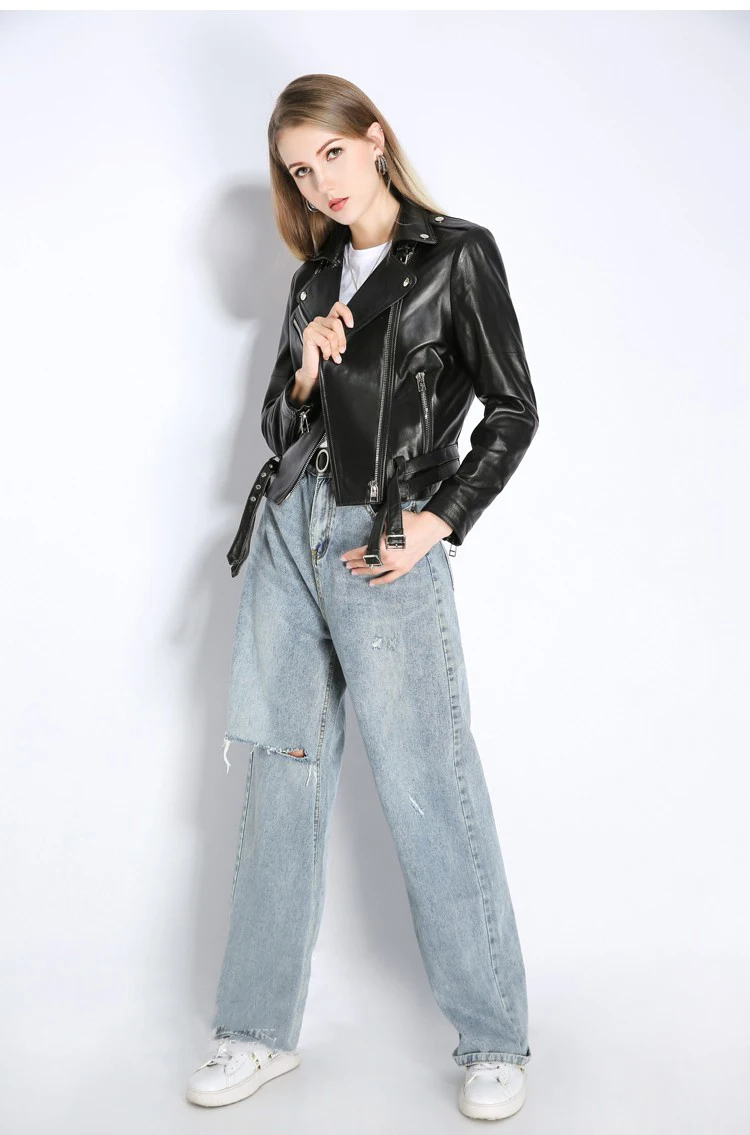 Genuine Leather Jacket Streetwear Notched Neck Buckle Betled Jacket Coats Women Autumn Black Moto Long Sleeve Leather Outwear