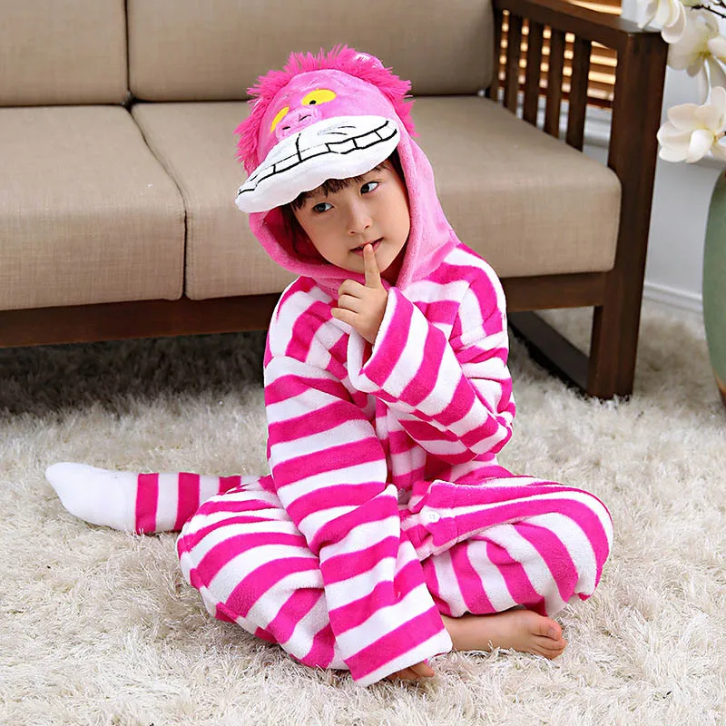 Детский пижамный комплект с изображением животных для мальчиков и девочек, единорог, тигр, Пегас, зимняя детская одежда для сна с капюшоном, Фланелевая Пижама-комбинезон - Цвет: ChaiJun Cat
