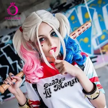 

OLEY Hair Special Offer Ombre Pink Wig Harley Quinn Double Ponytail Synthetic None Lace Wig Blue Cosplay Wigs For Women