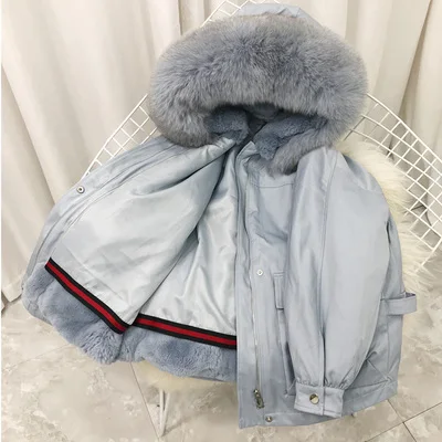 7 light blue Модная новая верхняя одежда, женское короткое пальто с натуральным мехом, воротник из лисьего меха, подкладка из меха кролика Рекс, теплая куртка, плотное зимнее пальто, Зимняя парка - Цвет: 7 light blue