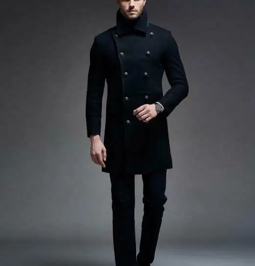 Men's Formal Double Breasted Military Lapel Collar Trench Coat Cashmere Jacket 