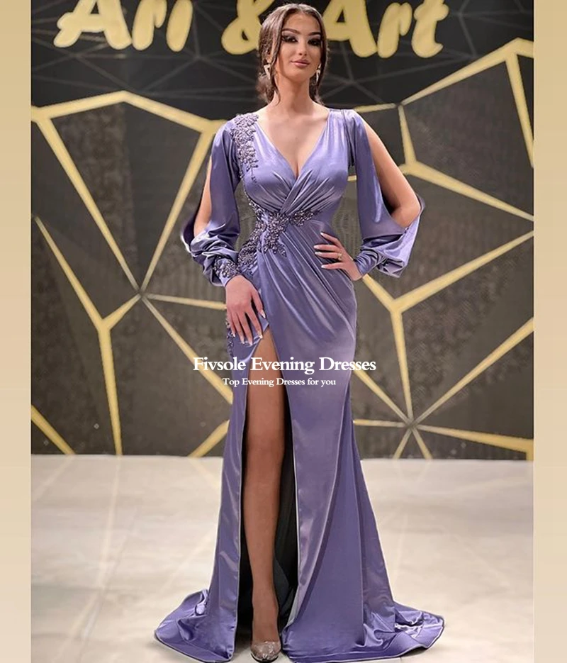 party gown Fivsole Arabic Evening Dresses V-Neck Appliques Long Sleeves Side Split Prom Gown Dubai Pageant Mermaid Party Dress 2022 dinner dresses for ladies