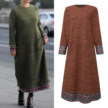 

Elegant Printed Midi Dress Women's Hoodies Vestidos ZANZEA 2020 Spring Vintage Long Sleeve Patchwork Tunic Robe Plus Size 5XL