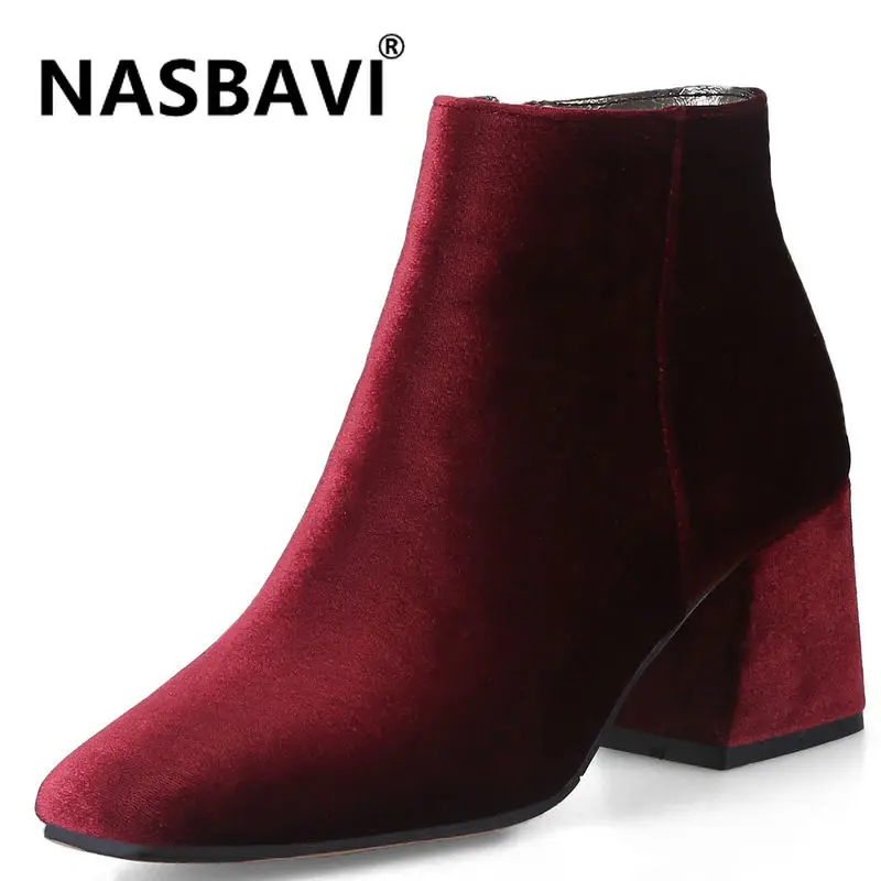 NASBAVI/Новинка года; популярные женские ботинки; модные короткие женские ботинки на молнии; золотистые бархатные ботинки на среднем каблуке; цвет красный, зеленый, хаки