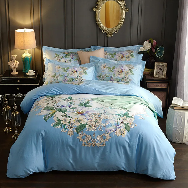 blue 2 Американский стиль Постельное белье хлопок цветок пододеяльник+ Плоский лист+ наволочка в богемном стиле комплект постельного белья 4 шт./компл. постельное белье с цветочным узором; Новинка - Цвет: blue 2
