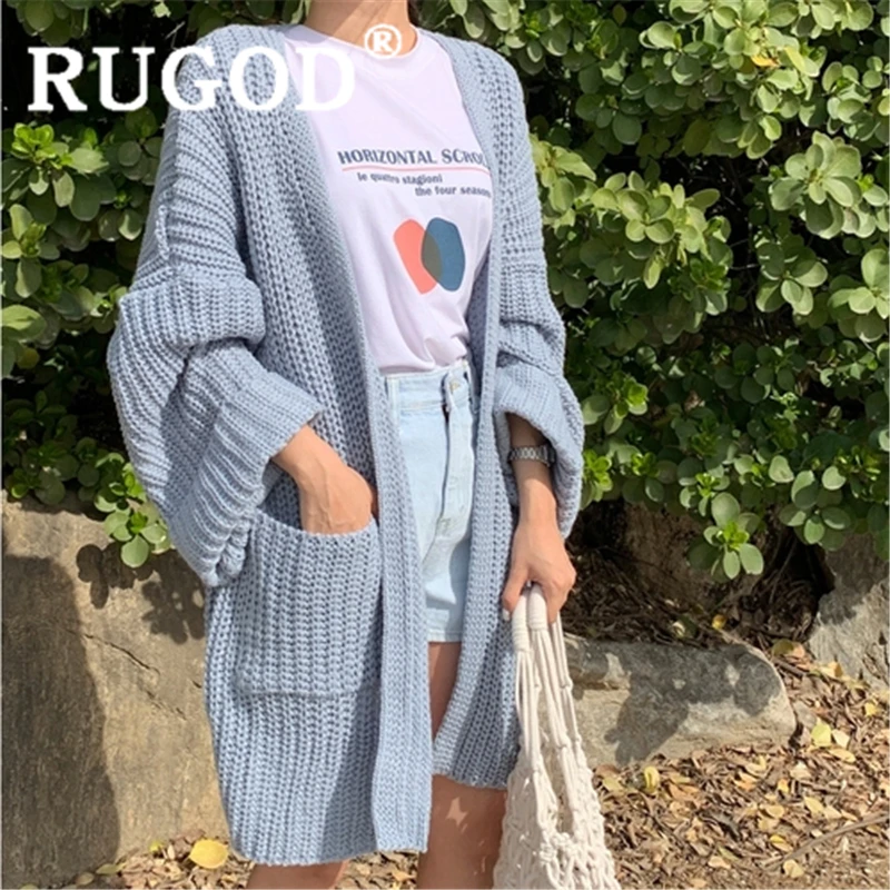 RUGOD женский однотонный синий свитер кардиган с ажурным узором свободный ленивый стиль вязаное пальто осенний зимний модный femme Элегантный Теплый