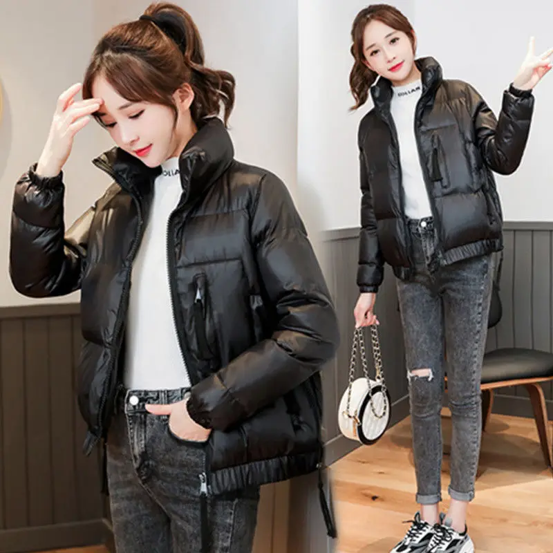 

Новинка 407 года, одежда с хлопковой подкладкой, зимняя блестящая куртка-пуховик, Женская Короткая свободная верхняя одежда для студентов, женские топы