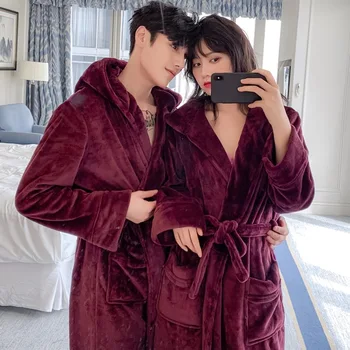 

Flannel Nightgown Women's Winter Thick Extra-large X-long Wedding Morning Gowns Bathrobe Couples Pajamas Men's Hooded Pajama