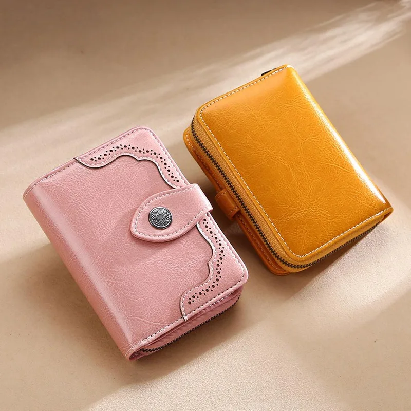 1 PC Oil Wax Leather Wallet Women Lady Vintage Short Two Fold Zipper Wallet Girls FashionCredit Card Holder Purse Clutch Wallet
