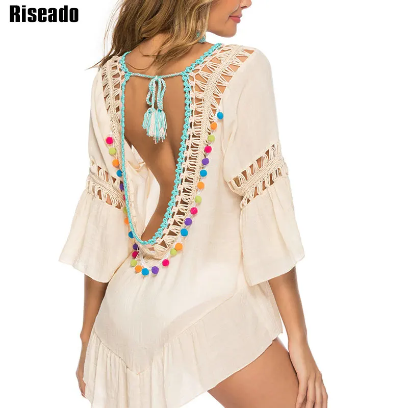 

Riseado Sexy Hollow Beachwear Cove Up Backless Long Beach Dress Swimwear Women Solid Bathing Suit Women 2020 Swimsuit