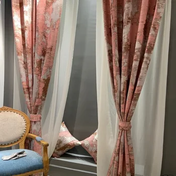 

New Cotton and Linen Post-Modern Pink Light Luxury Style Curtain Floor Shade Curtain Wedding Room Curtain Warm