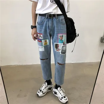 

2019 Men's Fashion Hole Casual Pants Printing Stretch Slim Fit Cargo Pocket Wash Jeans Hip Hop Blue Color Biker Denim Trousers