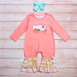 Vêtements d'automne pour filles, barboteuse à manches longues avec nœud blanc, Orange rouge, motif brodé de feu de camp, barboteuse pour bébés en bas âge 