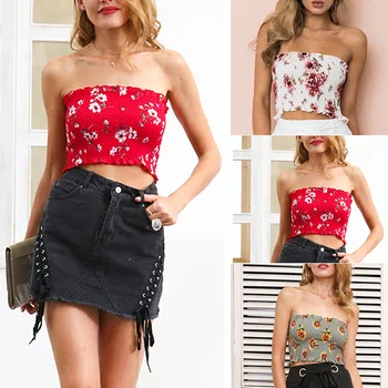 

Sexy Multicolor Fashion 2020 Summer Women Flower Print Ruffles Off Shoulder Girls Tube Top Wrapped Bra Sleeveless Fold Crop Tops