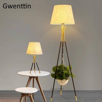 

Nordic Gold Tripod Floor Lamps Modern Led Standing Lamp Fabric DIY Plant Stand Light Fixtures for Living Room Bedroom Home Decor