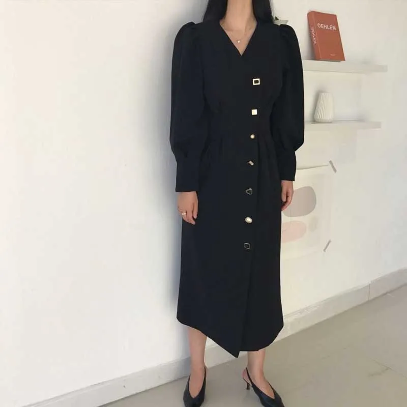 Vintage Elegant Dresses 2020 Autumn Women One-Piece Single-Breasted V-Neck Waist Dress Korean OL Office Long Sleeve Dress Female