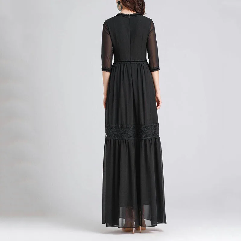 Женское шифоновое платье макси с V образным вырезом и кружевом|Платья| |