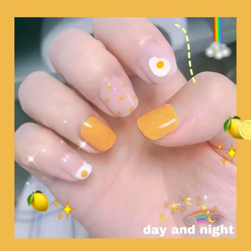 Nusx Mango Yellow Pure Color Poached Egg Cartoon Pattern False Nails Cute Summer Fake Nails Lady 2