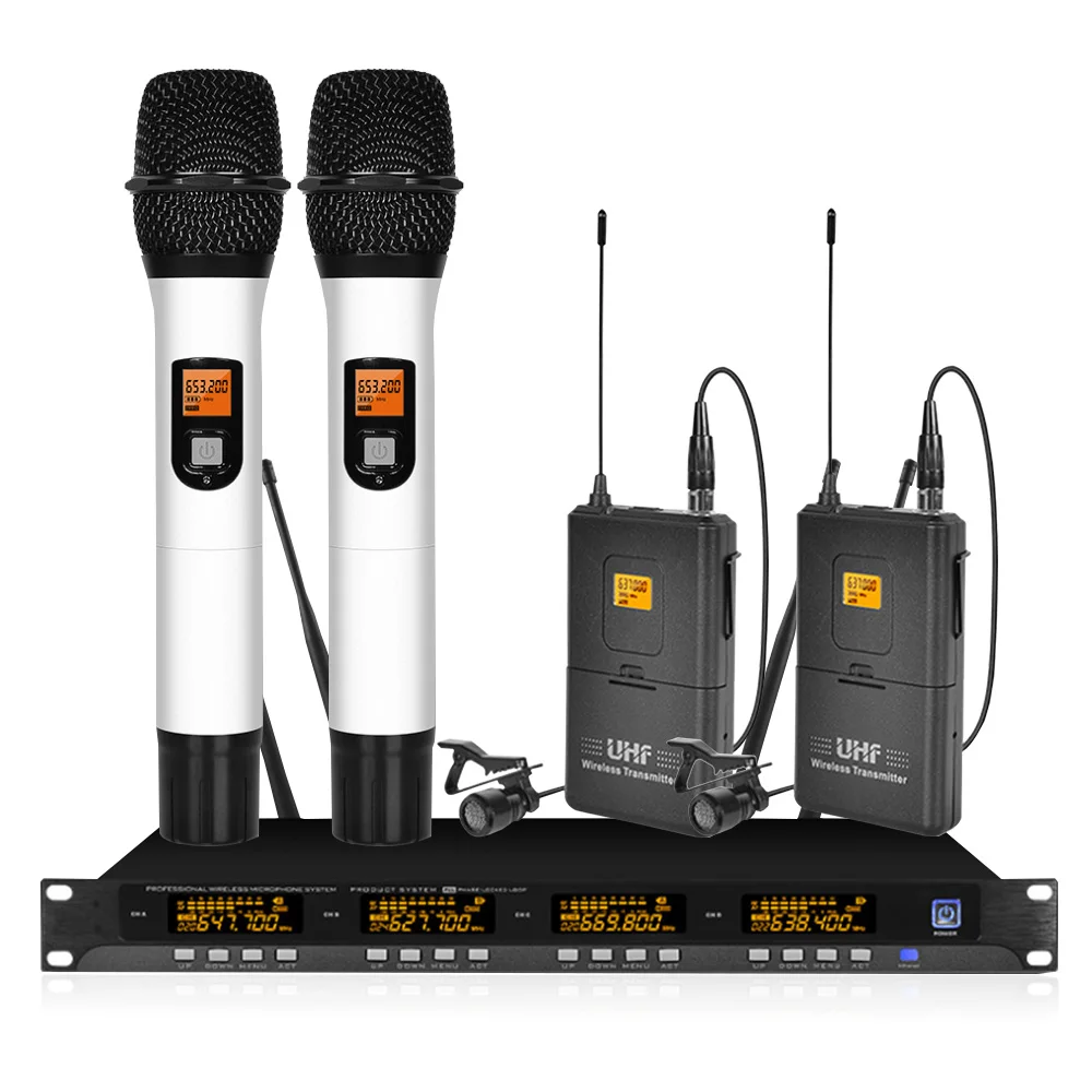 

4-channel wireless microphone system UHF karaoke system wireless 2 handheld microphone 2 lavalier microphone performance