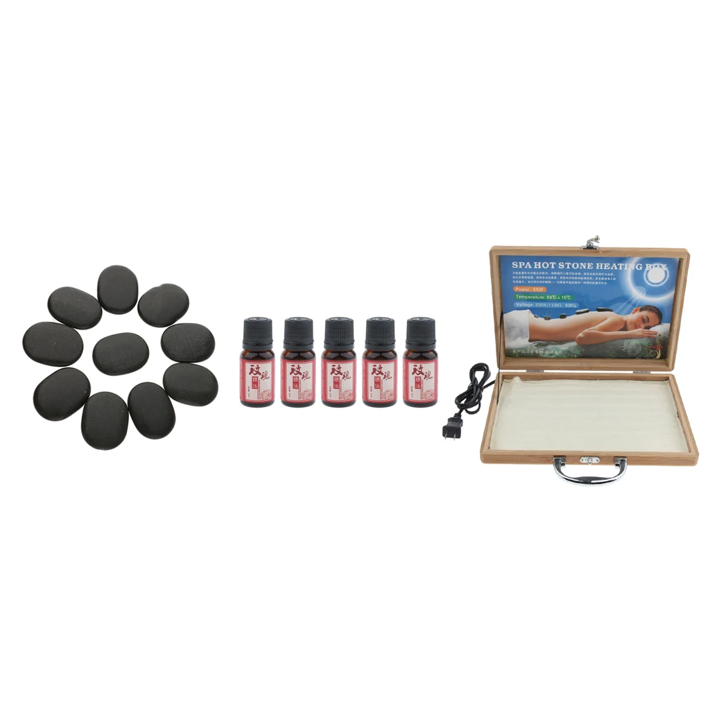 

Hot Stone Massage Heater Warmer Box Case+10x Massage Stones+5x Essential Oil