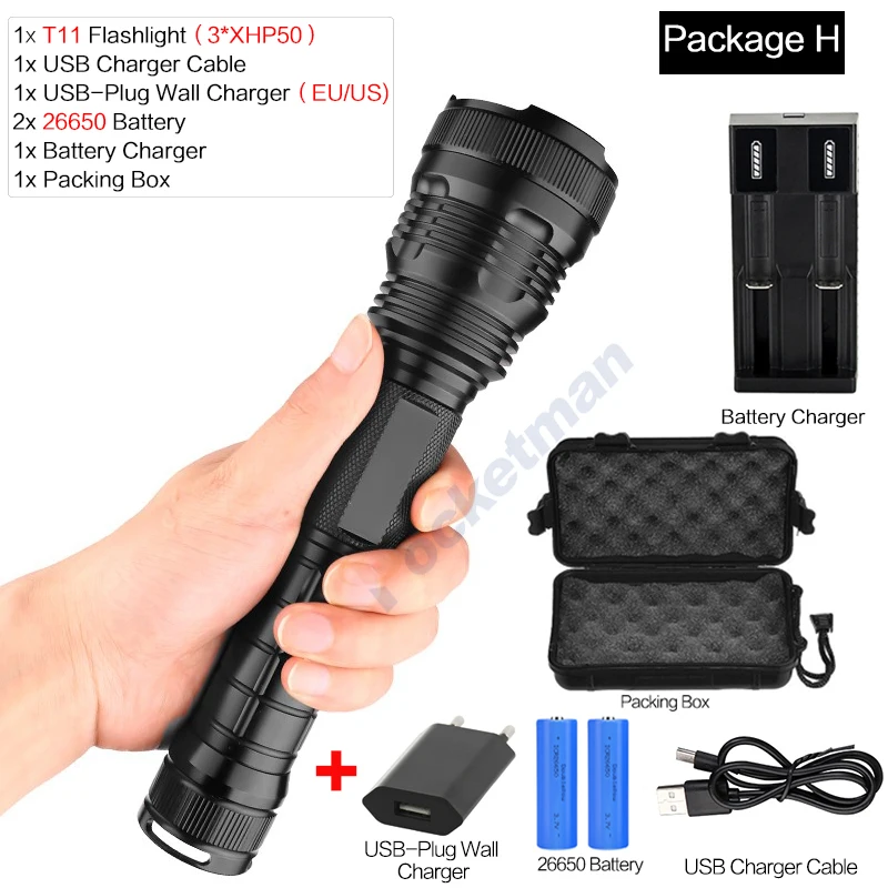 Светодиодный фонарь XLamp 3* XHP50 светодиодный фонарь перезаряжаемый тактический фонарь супер яркий водонепроницаемый фонарик 18650 аккумулятор - Испускаемый цвет: Package H