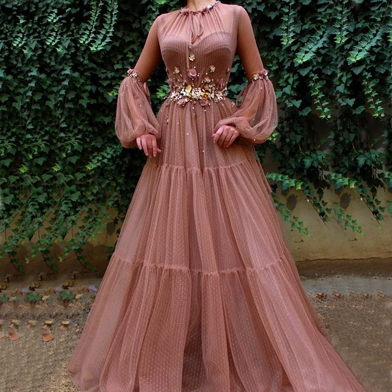 

New Arrival Flower Evening Dresses Long 2020 A line o neck Puff Sleeve Formal Occasion Arab Party Women Prom Dresses