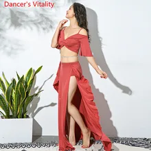Новая женская одежда для танца живота модал Сплит лист лотоса длинная юбка+ сексуальный глубокий V воротник Топ танцевальный костюм