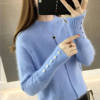 

Women Sweaters and Pullovers 2019 long sleeve knit tops for women Casual Button Women Winter Clothing sweater thick solid 0382