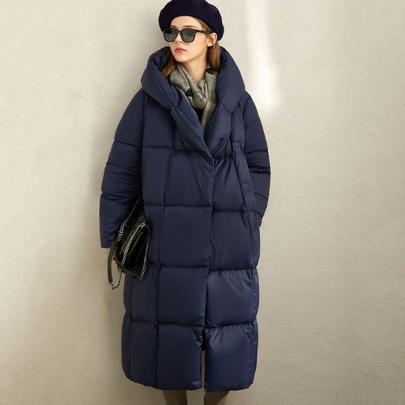 Высокое качество Куртка–пуховик на 90% белом утином пуху Для женщин Длинная парка новая зимняя куртка женские пальто с капюшоном Теплый пуховик WM84 - Цвет: navy blue