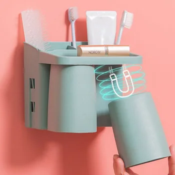 

Toothbrush Holder Magnetic Suction Cup Free Punching Wall-mounted Storage Rack Toothbrush Case Bathroom Accessories Set