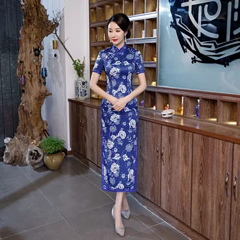 

High Quality Blue Chinese Style Lady Stage Show Elegant Print Flower Dress Plus Size Long Cheongsam High Split Sexy Slim Qipao