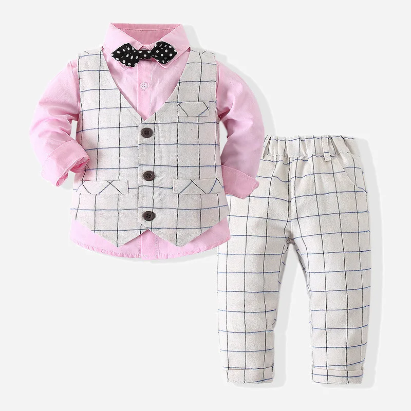 

New 3pcs Sets Baby Boys Lattice Vest Shirts Pants Kids Clothes Spring Autumn Outfit Childrens Student Host Dresses High Quality