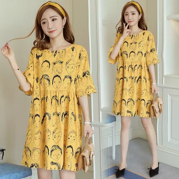 

2020 Sumer Pregnant Women's Summer Coat Mid-Length Cartoon Dress Fashion Bow Loose dress Pregnant Clothes