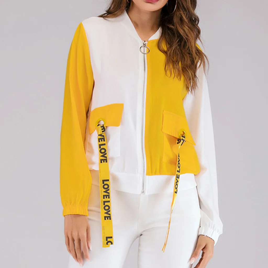 

Fashion Lace up Patchwork Coat Casual Zipper Long Sleeve Autumn Basic Jackets Yellow White Two Tone Women Jackets