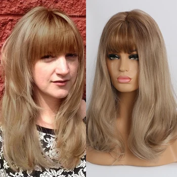

EASIHAIR Brown Ombre Synthetic Wigs for Women Medium Length Wavy Wigs with Bangs Natural Daily Wig High Density Heat Resistant