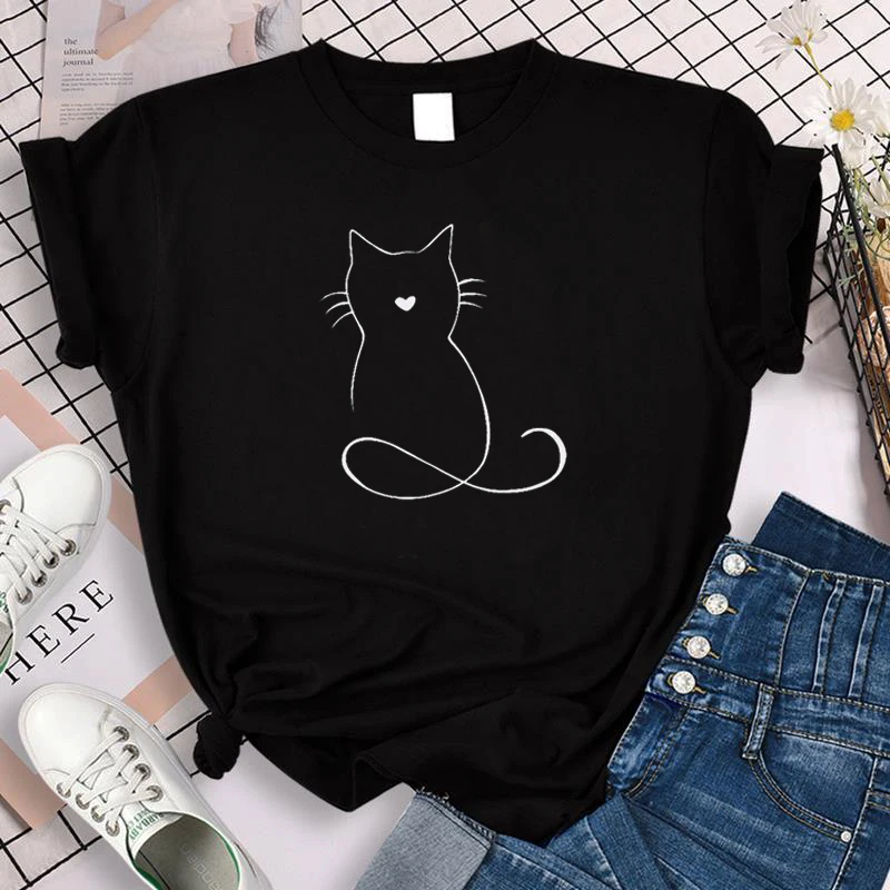 Cartoon Cat Print Tshirt Lady Top New Goods 2022 Cute Trend Fashion Woman Clothes Top Graphic Female T Tee Womens T-shirt