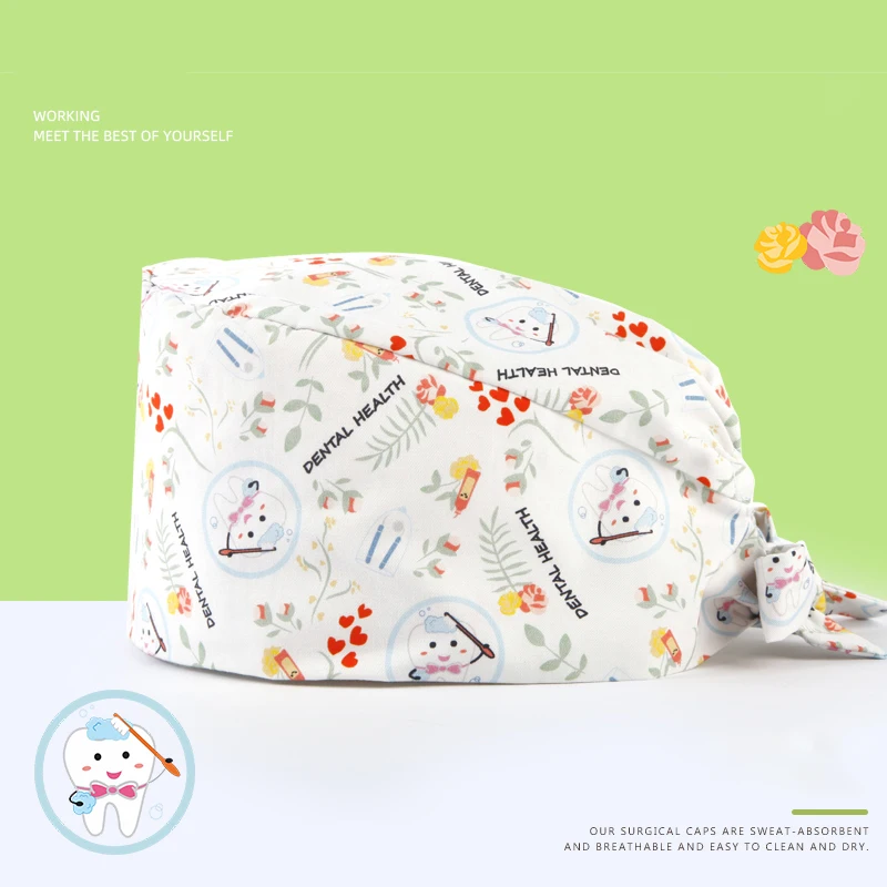 

Veterinary Surgical Caps Medical Scrub Hat Women Nurse Work Cap Chef Cooking Tieback Skull Caps 100% Cotton Sweatband