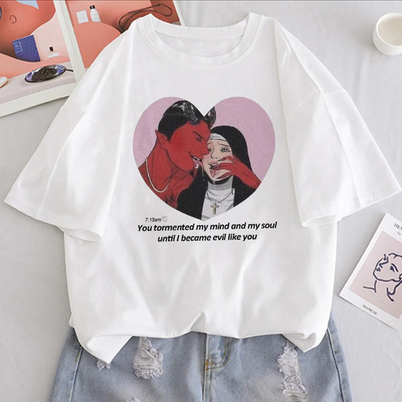 Винтажные летние топы Harajuku с надписью Devil веселые свободные коротким рукавом в