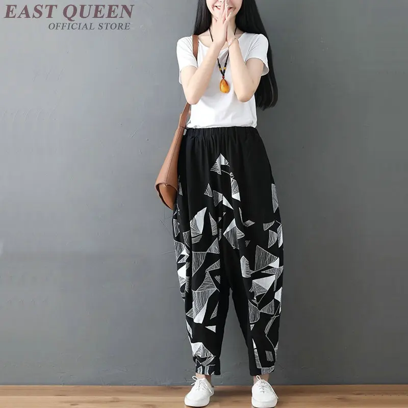 Online Chinese Store Harem Pants Loose Casual Female Bottoms Print Hip Hop Elastic Waist Cotton Linen Trousers Women TA1772