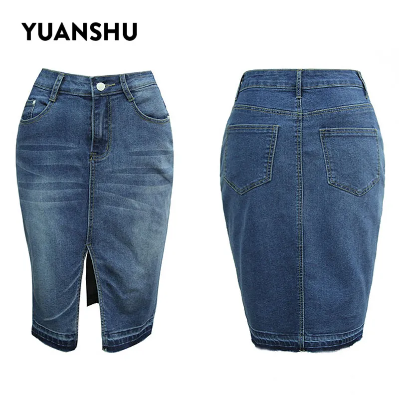 YUANSHU Для женщин модные Высокая Талия хлопковая джинсовая юбка с пикантным разрезом отбеленные облегающие джинсовые юбки женские повседневные потертые Миди-юбки