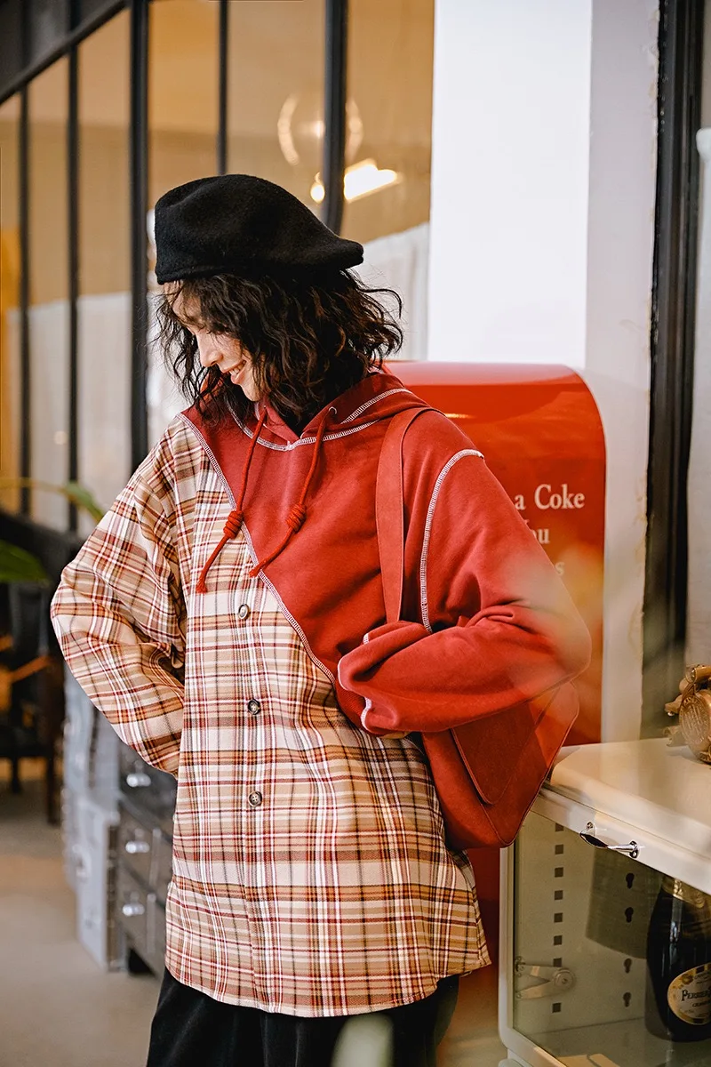 Осень зима Gloria& Grace модные красные Лоскутные клетчатые принты Свободные толстовки с капюшоном пуловеры