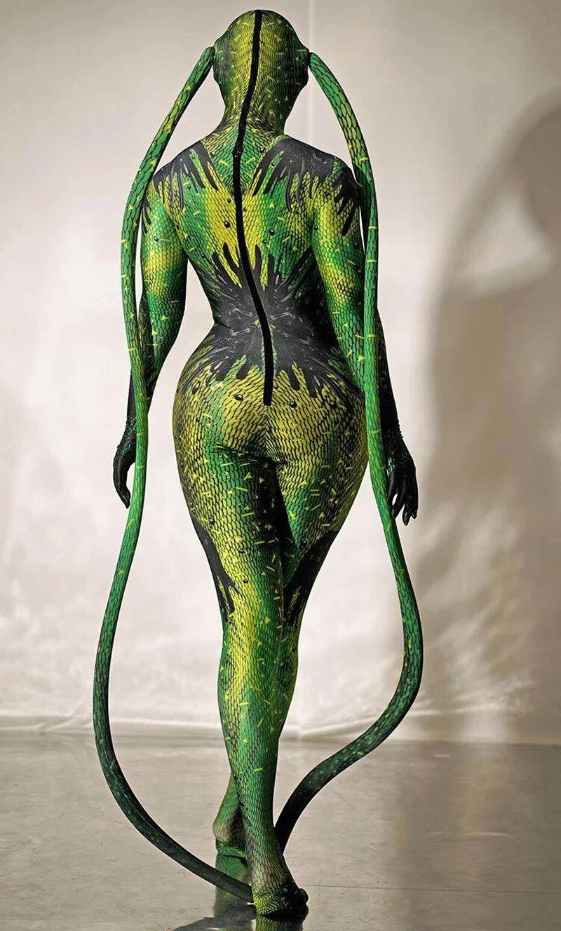 Halloween Rave Party Role-playing Stage Clothes Green bodysuit snake Spandex Stretch Skinny Jumpsuit Men Women Cosplay Costume