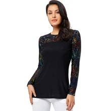 YTL размера плюс, Женская кружевная блузка с круглым вырезом и цветочной вставкой, черная туника с длинным рукавом, рубашки, мусульманские женские блузки 6XL 8XL H282