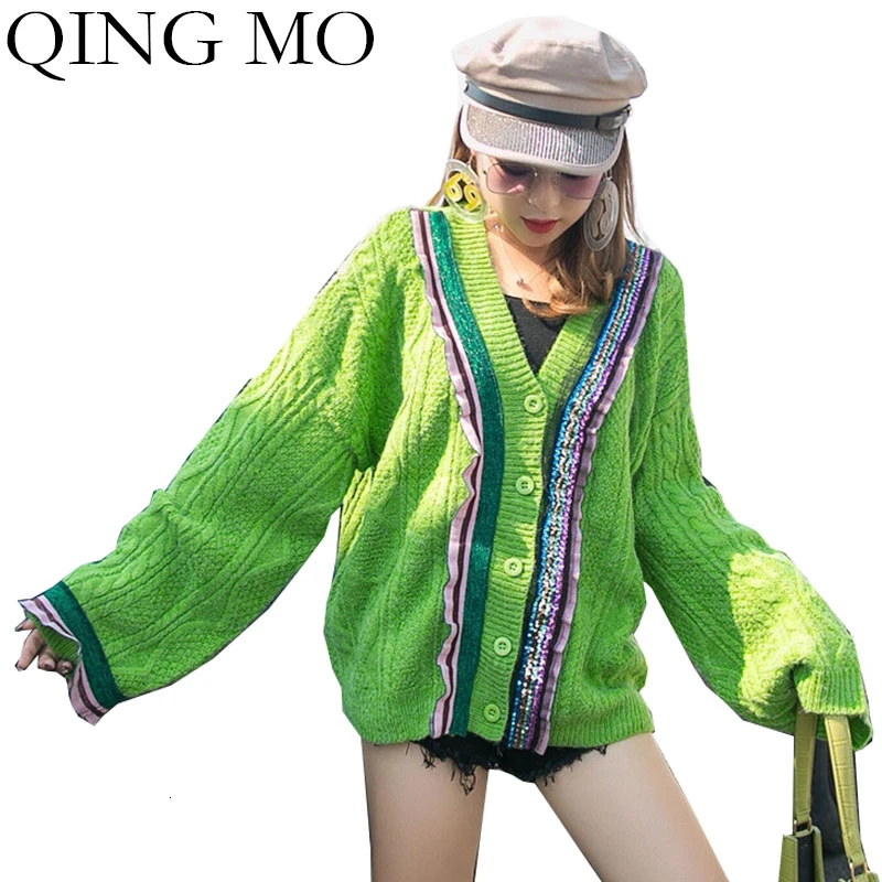 #^Special Price QING MO Green Women Cardigans Sweater 2019 Women Winter Knitted Sweater With Sequin Female V Neck Sweater ZQY2041