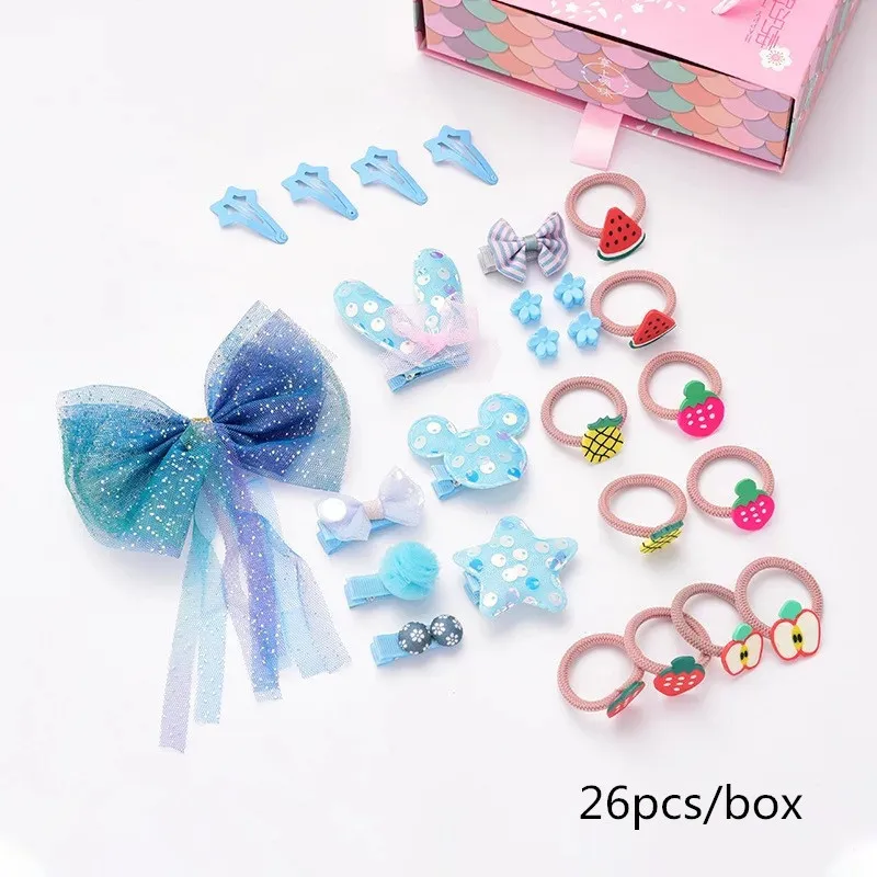 Blue B 26pcs 22/26/шт/комплект, новые заколки для волос для девочек, милые детские аксессуары для волос, эластичные резинки для волос с цветочным бантом и фруктами, ленты с кисточками, заколки для принцессы - Цвет: Blue B 26pcs
