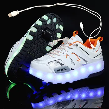 

Children One Two Wheels Luminous Glowing Sneakers Gold Pink Led Light Roller Skate Shoes Kids Led Shoes Boys Girls USB Charging