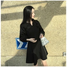 Новинка; сезон осень; футболка с длинными рукавами платье для женщин элегантное черный Ретро был тонкий и нежный ленивый ветер супер огонь маленькое платье для тенниса